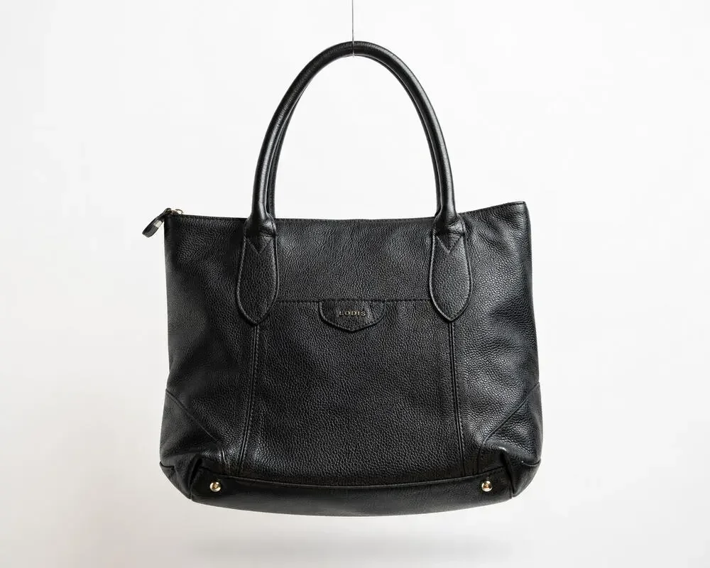 Lodis Black Pebbled Leather Tote Shoulder Bag Zip Top Floral Lining
